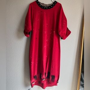 Vintage Lee Andersen Maxi Red Splatter Painted Black Polka Dot and Stripe Dress